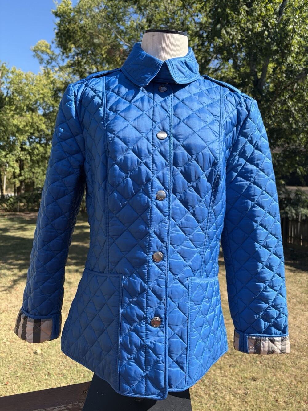 Burberry Brit Womens Large Blue Quilted Jacket Nova Check Lining Snap Button